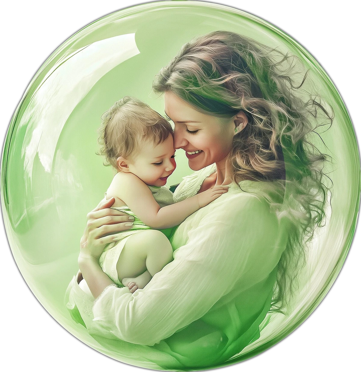 La mère et son enfant du visuel officiel Baby Health Expo dans une bulle protectrice